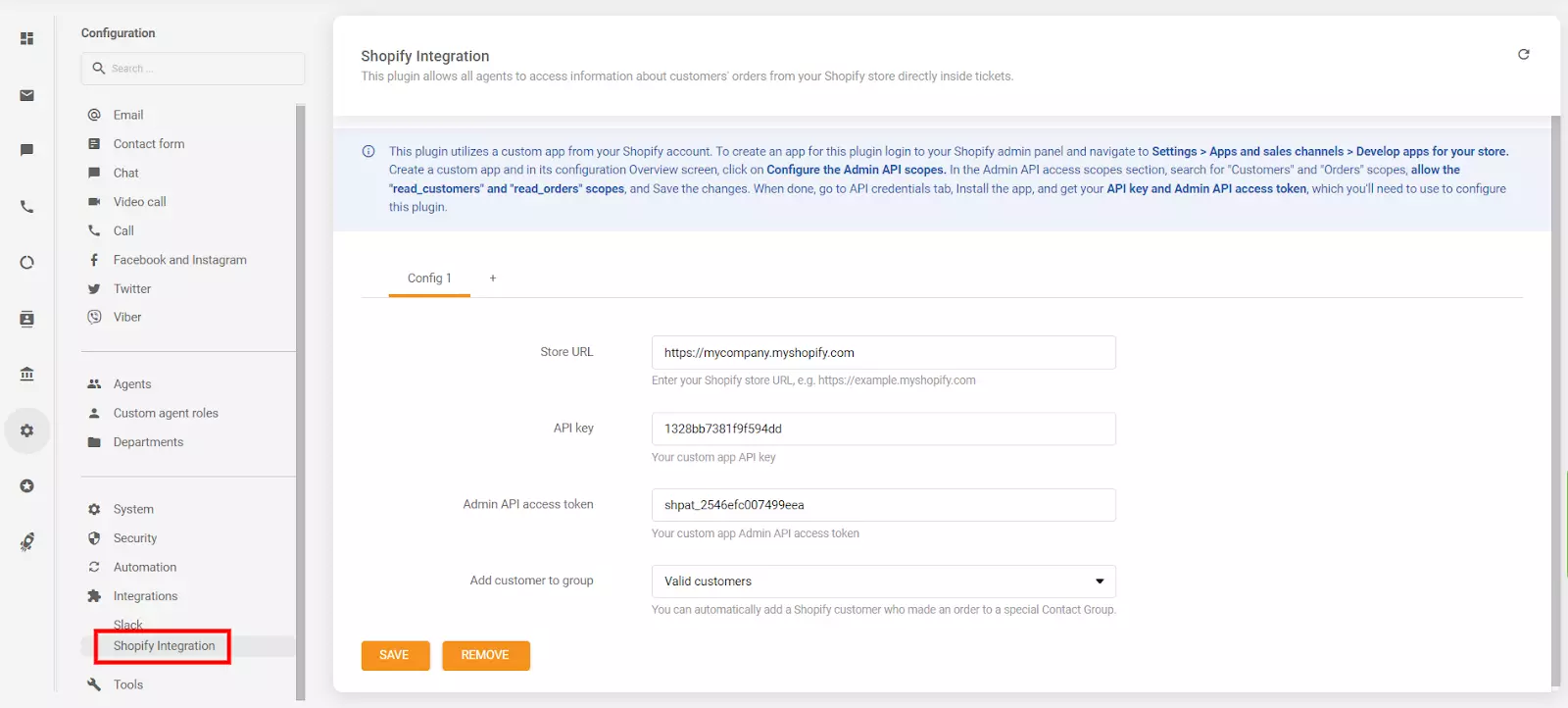 Postavljanje API ključa i API pristupa tokena u odjeljak konfiguracije LiveAgent-a