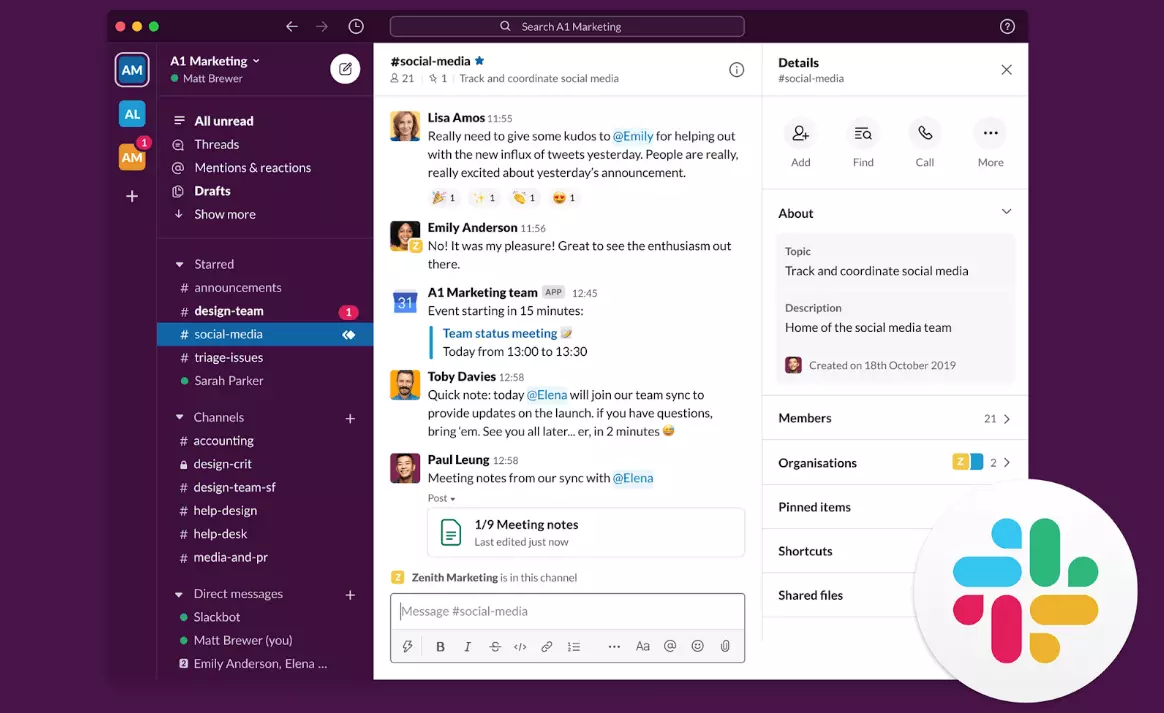Example of enterprise social network Slack, displaying channel collaboration features.