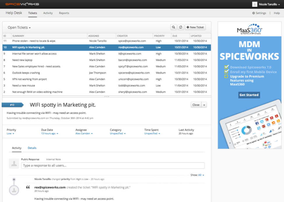 Spiceworks Cloud Help Desk lista naloga s prijavama putem korisničkog portala