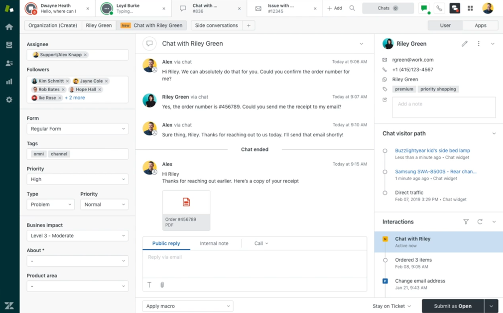 Zendeskov agentski radni prostor koji prikazuje jedinstveni chat razgovor s korisničkim profilom i poviješću interakcija u 2026.