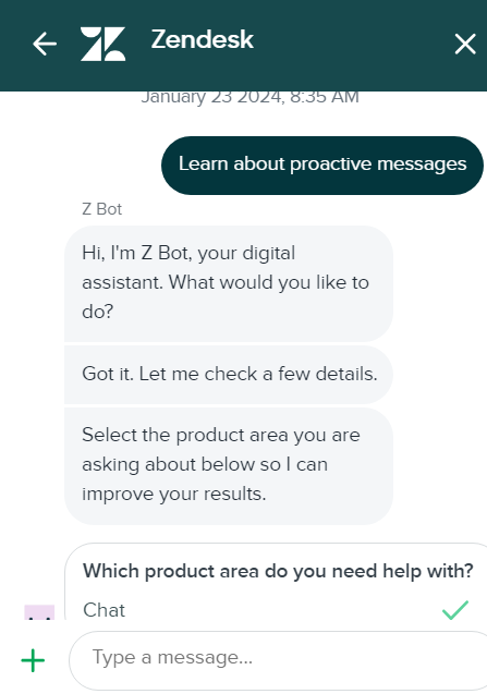 Slika pokazuje kako Zendesk-ov live chat razgovor izgleda