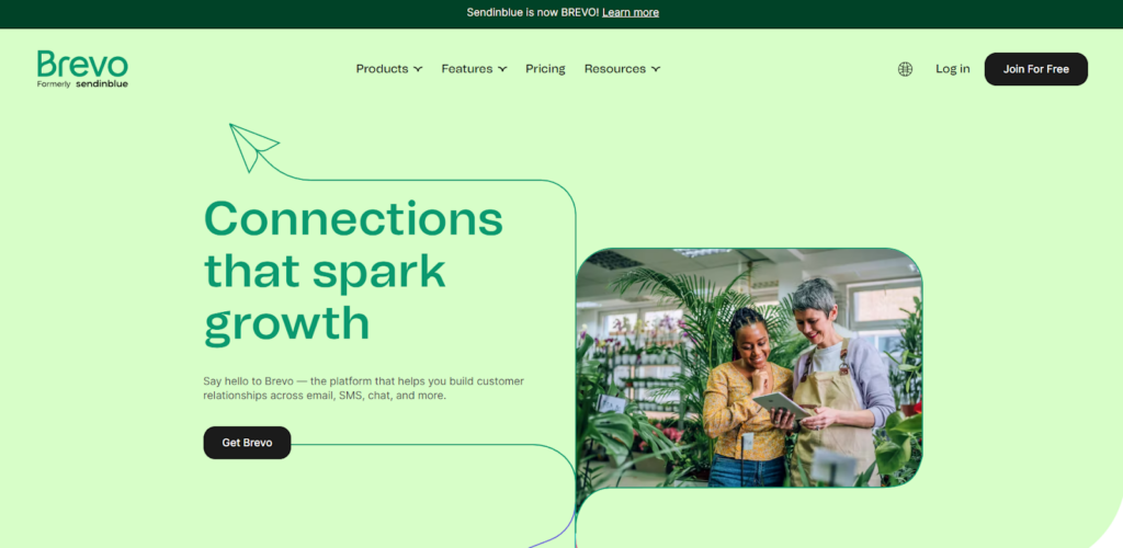 Početna stranica Brevo-a, softver za upravljanje e-poštom s marketinškim značajkama