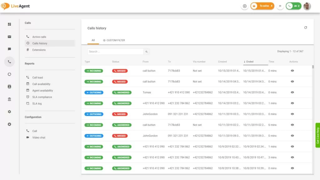 Pregled sučelja pozivnog centra u LiveAgent-u.