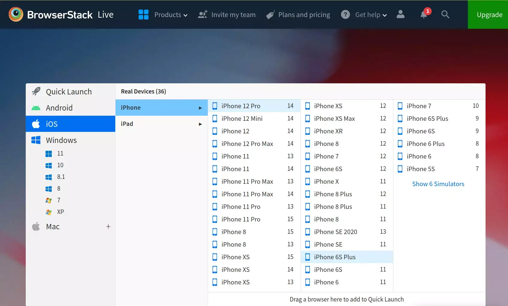 BrowserStack simulates many mobile platforms and operating system versions