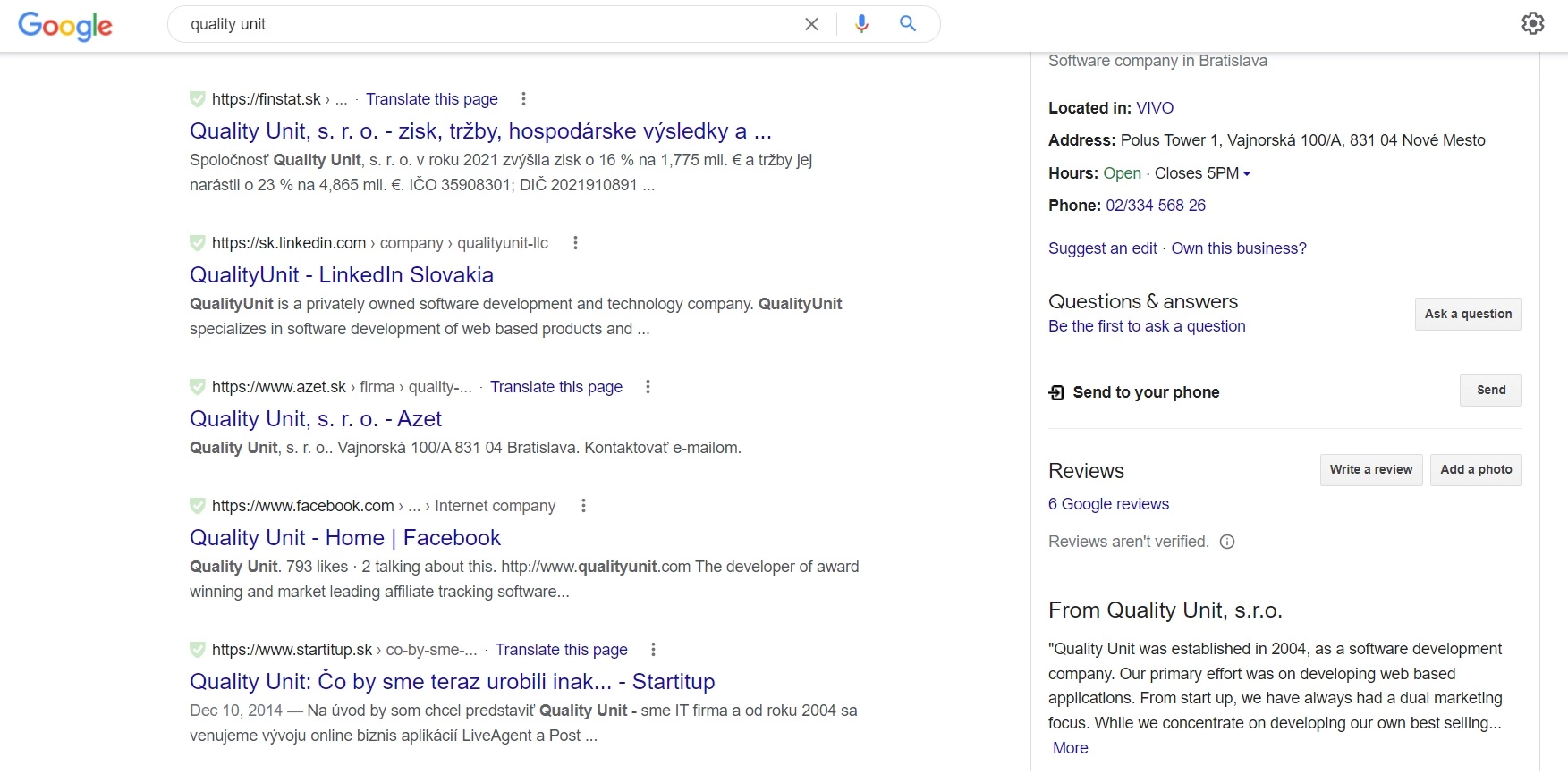 Rezultati Google pretraživanja Quality Unit
