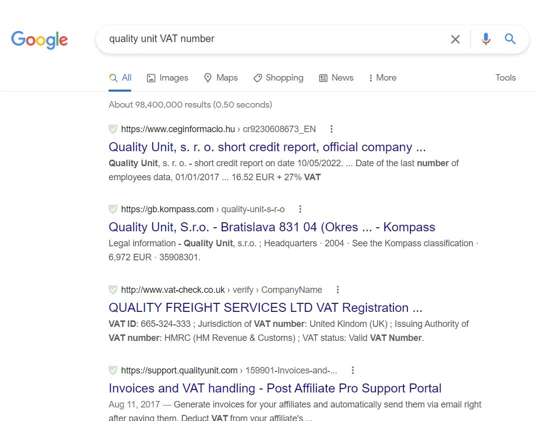 Google pretraživanje broja PDV-a Quality Unit