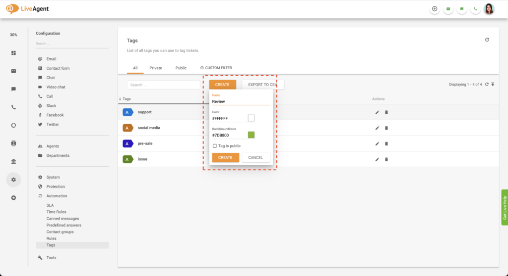 Stvaranje prilagođenih oznaka u LiveAgent-u