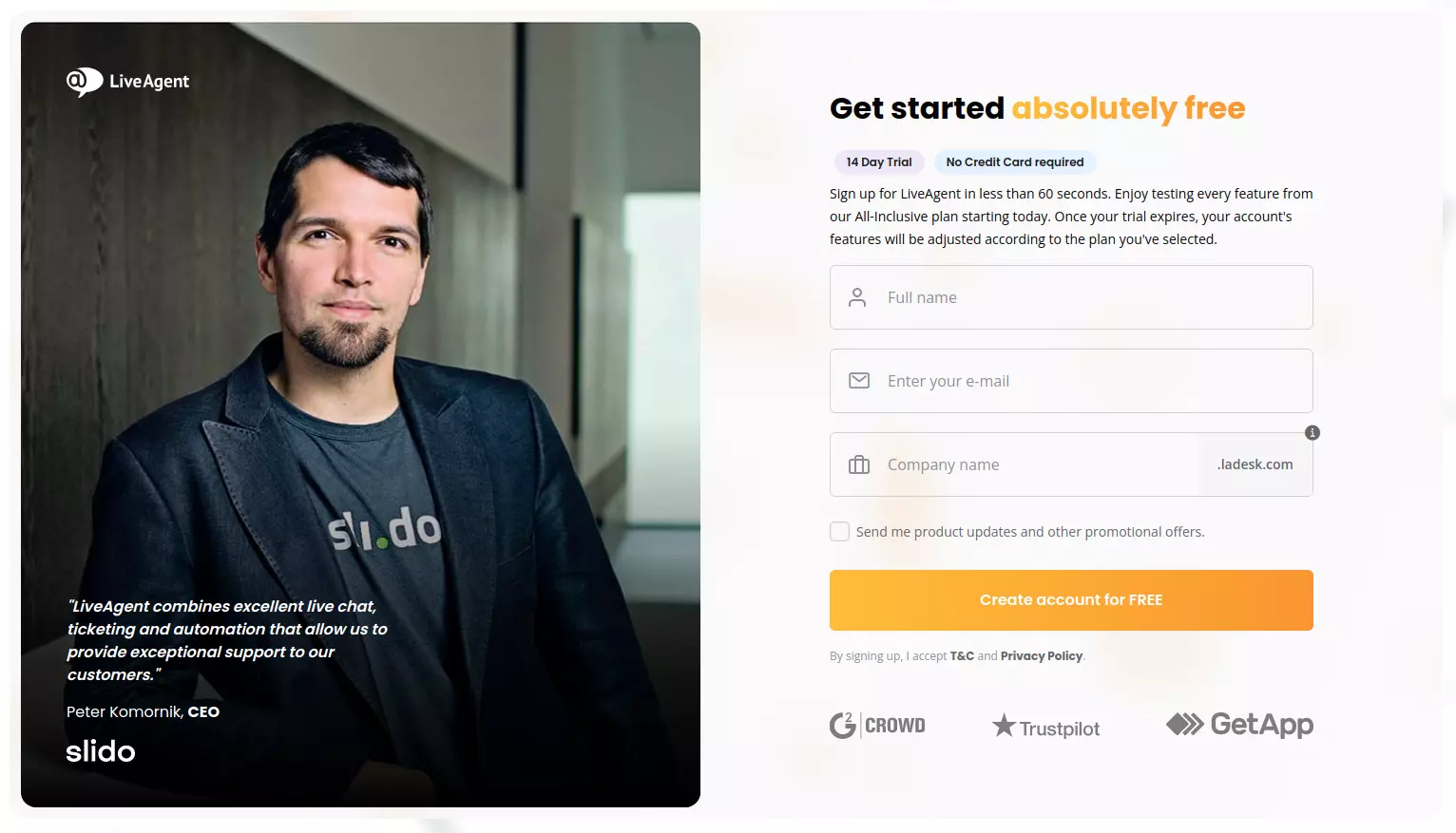 LiveAgent's trial page