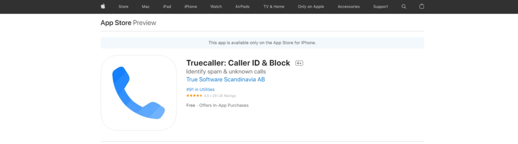 Truecaller: Caller ID & Block App Store web stranica