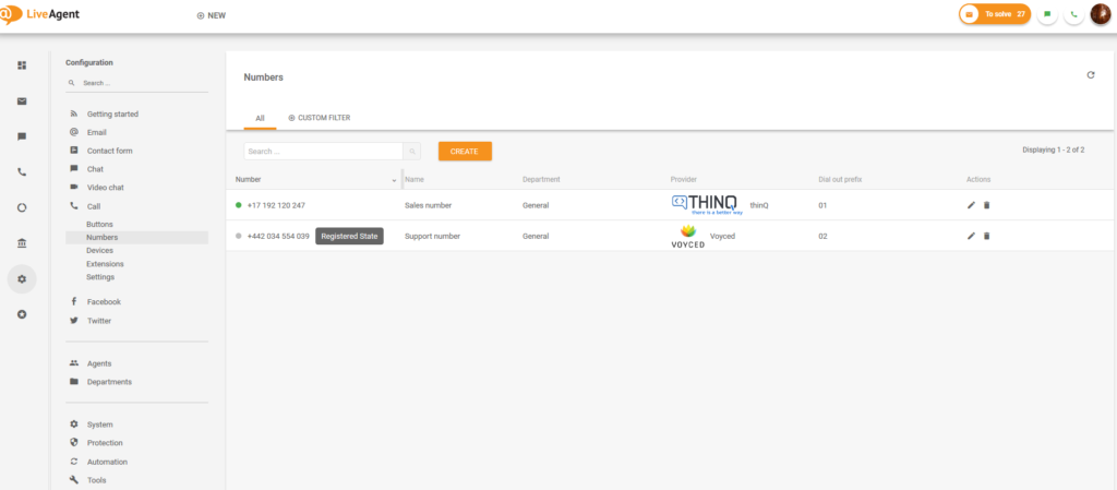 Postavljanje brojeva LiveAgent-a