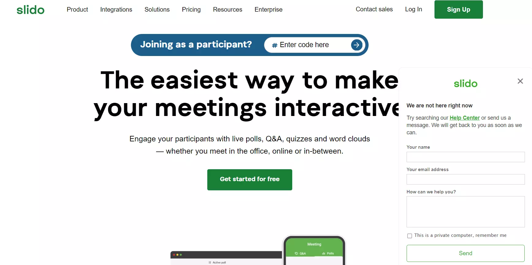 Slido početna stranica s njihovim chatboxom