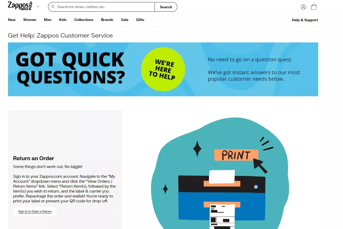 Zappos stranica podrške koja prikazuje njihove opcije podrške