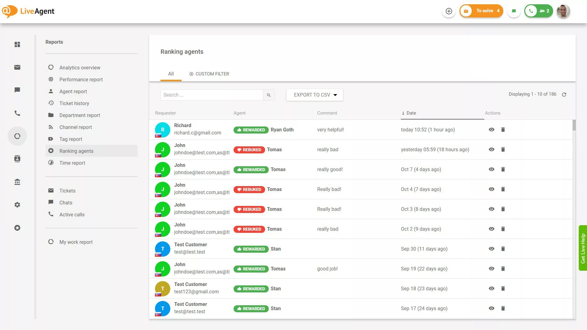Pregled rangiranja agenata u izvještajima