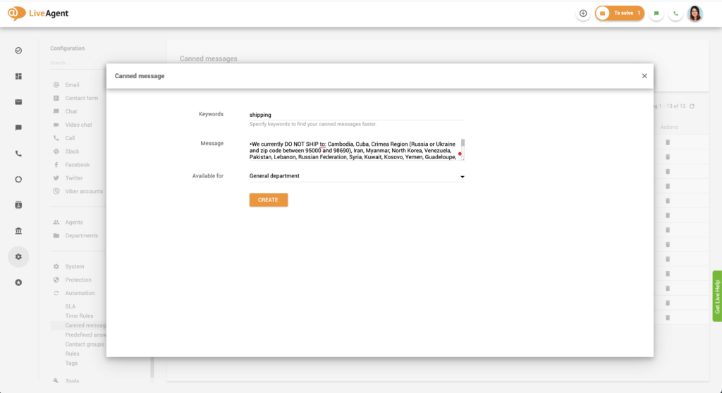 Obrazac za kreiranje unaprijed napisane poruke