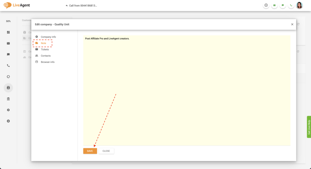 Bilješka tvrtke u LiveAgent-u