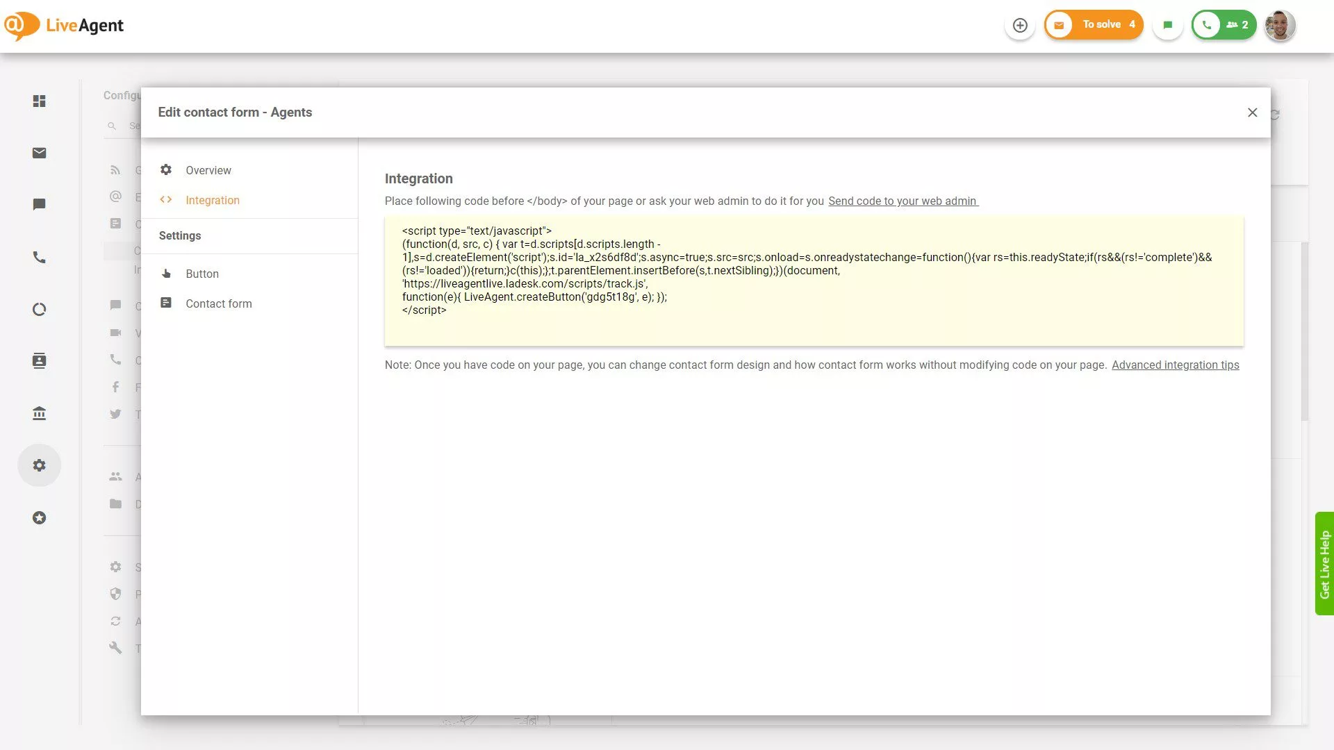 Kod Integracije LiveAgent Obrasca za Kontakt