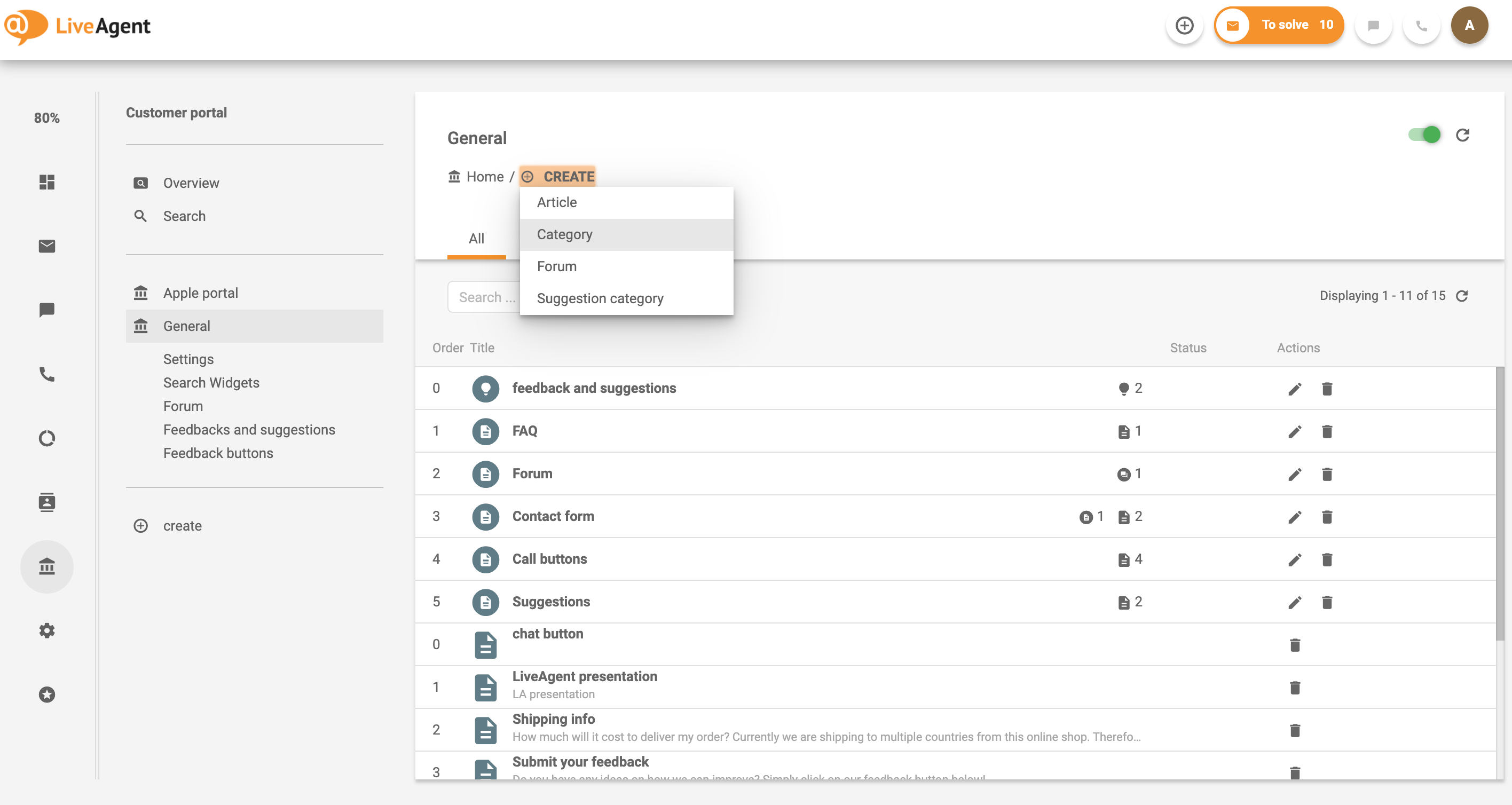 Primjer stvaranja kategorije za portal kupca u LiveAgent sustavu baze znanja