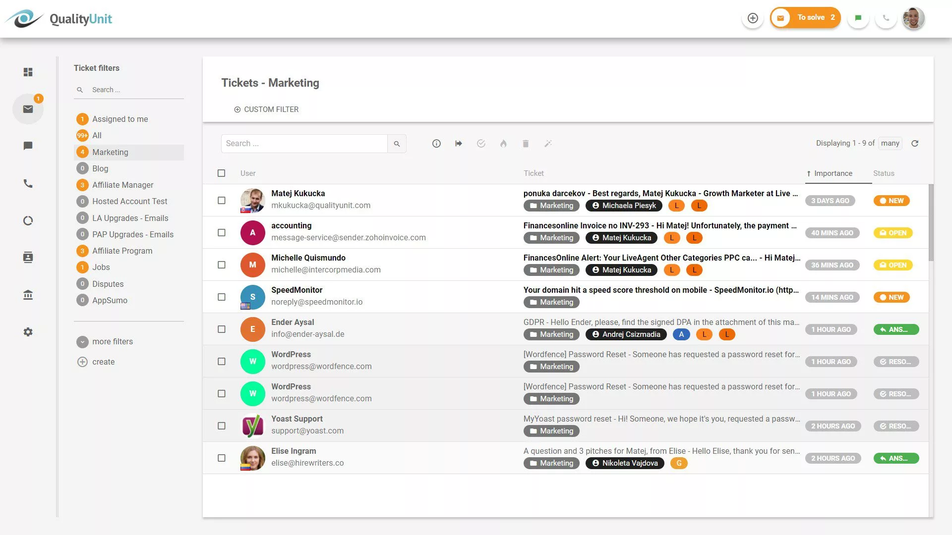 LiveAgent nadzorna ploča za tikete