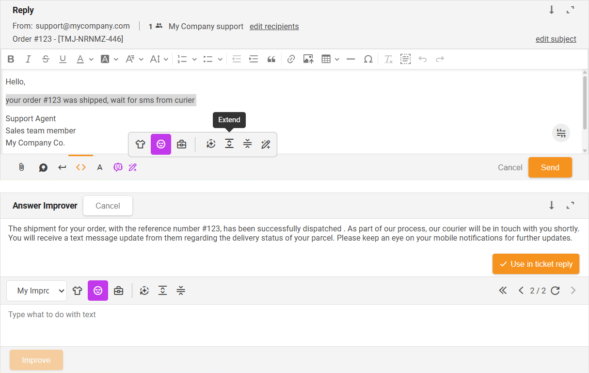 Funkcija Extend AI Answer Improver - pregled sučelja