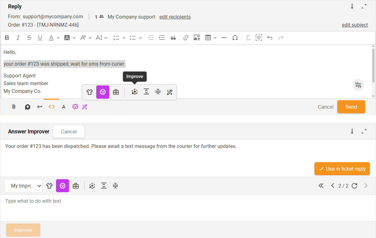 Funkcija Improve AI Answer Improver - pregled sučelja