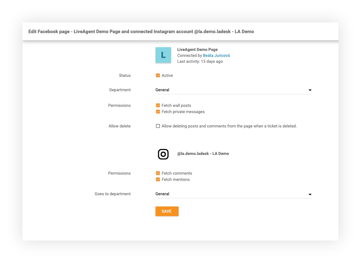 Instagram funkcija u LiveAgent