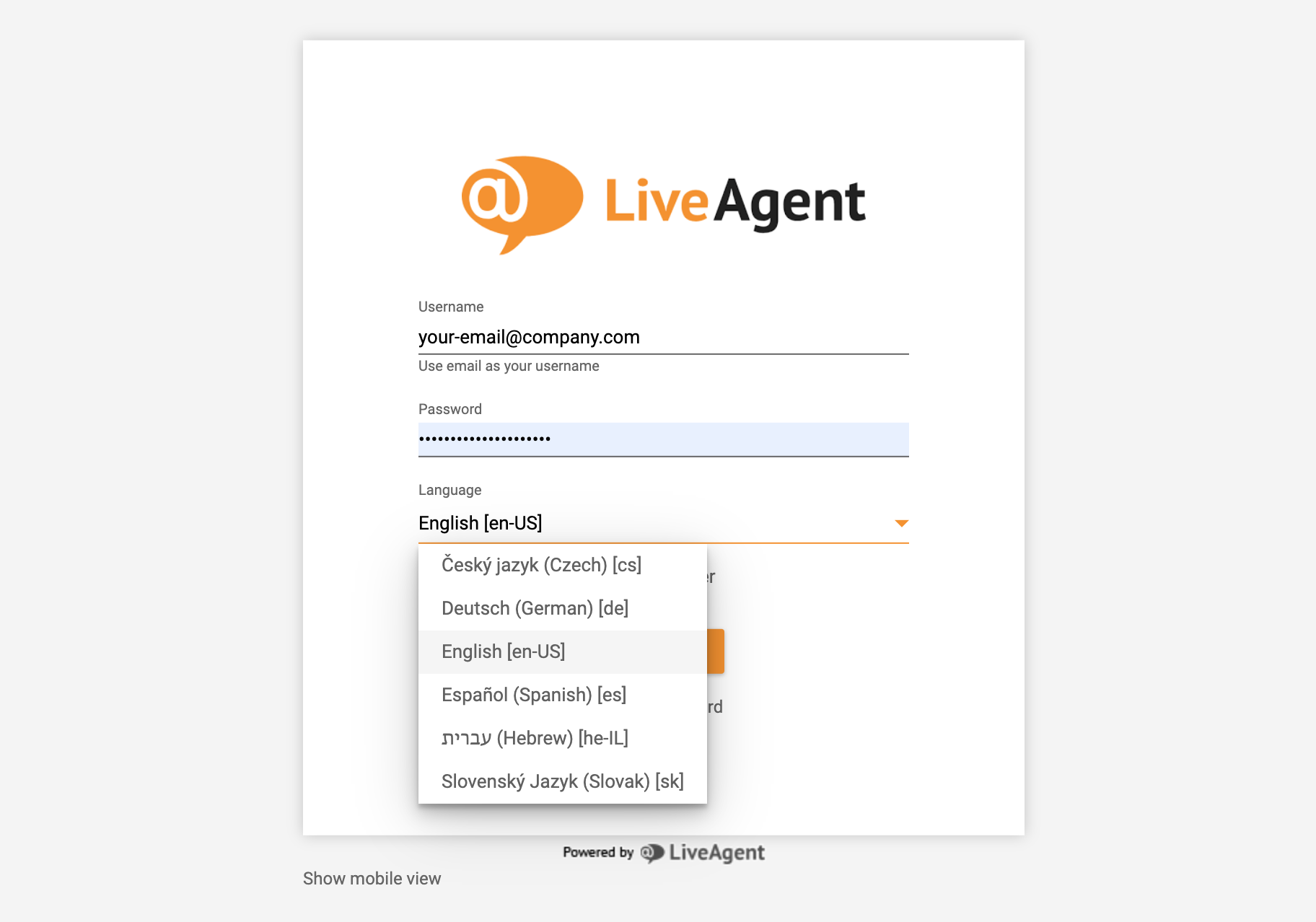 LiveAgent prijava - izbor jezika