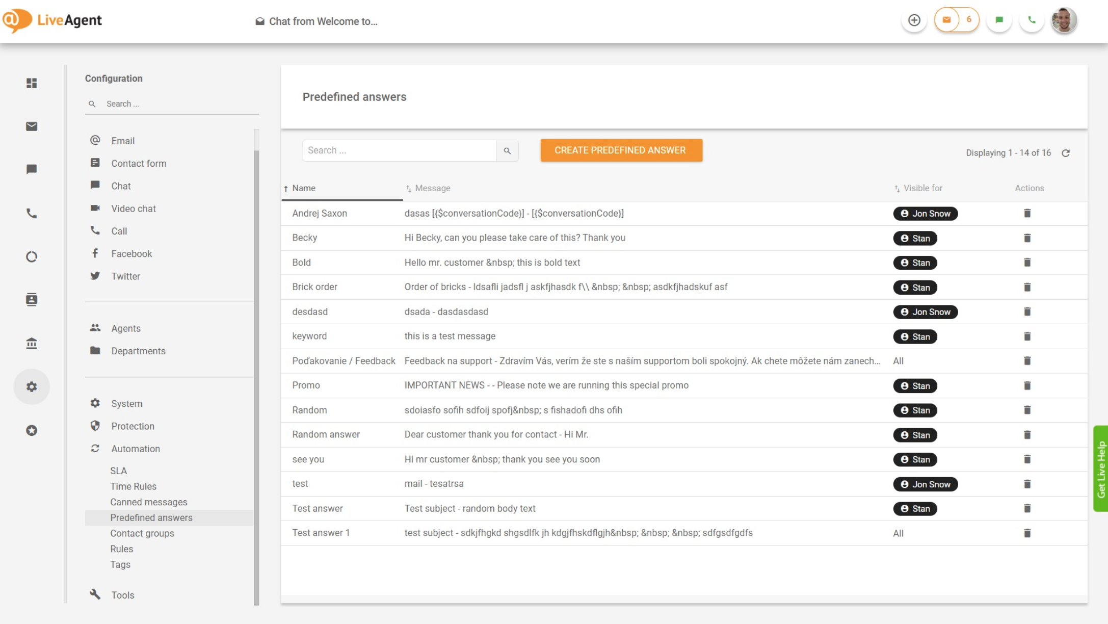 LiveAgent – Pregled unaprijed definiranih odgovora
