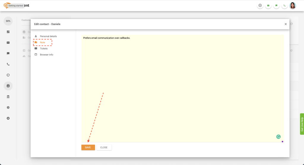 Spremi bilješku kontakta u LiveAgent-u