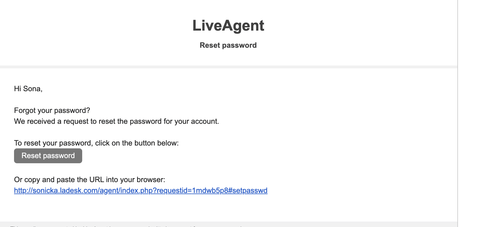 Email za resetiranje lozinke LiveAgent