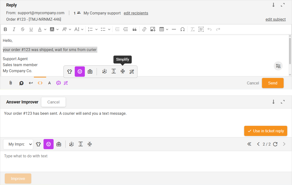 Funkcija Simplify AI Answer Improver - pregled sučelja