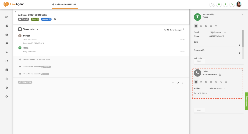 Ploča s informacijama o karti u LiveAgent-u