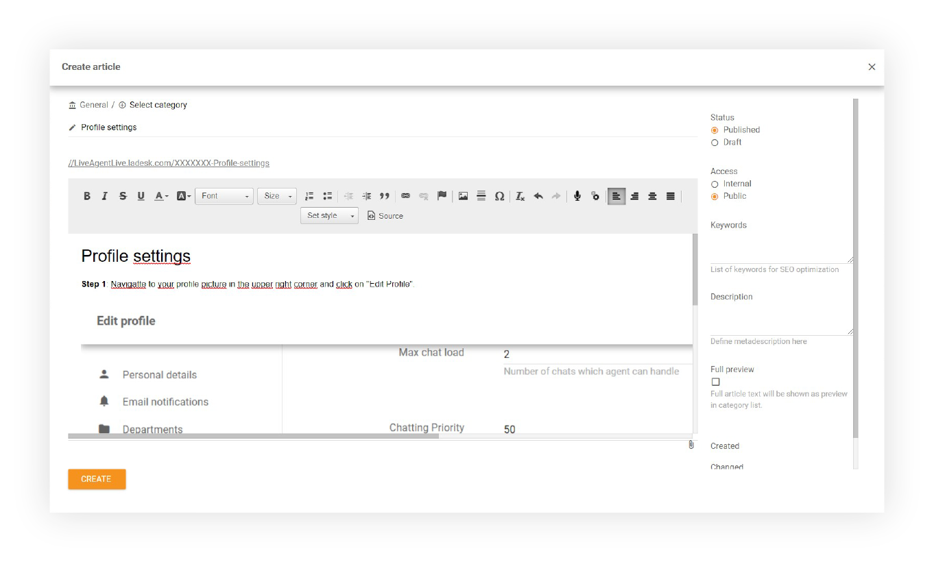 LiveAgent-ov WYSIWYG editor za članke
