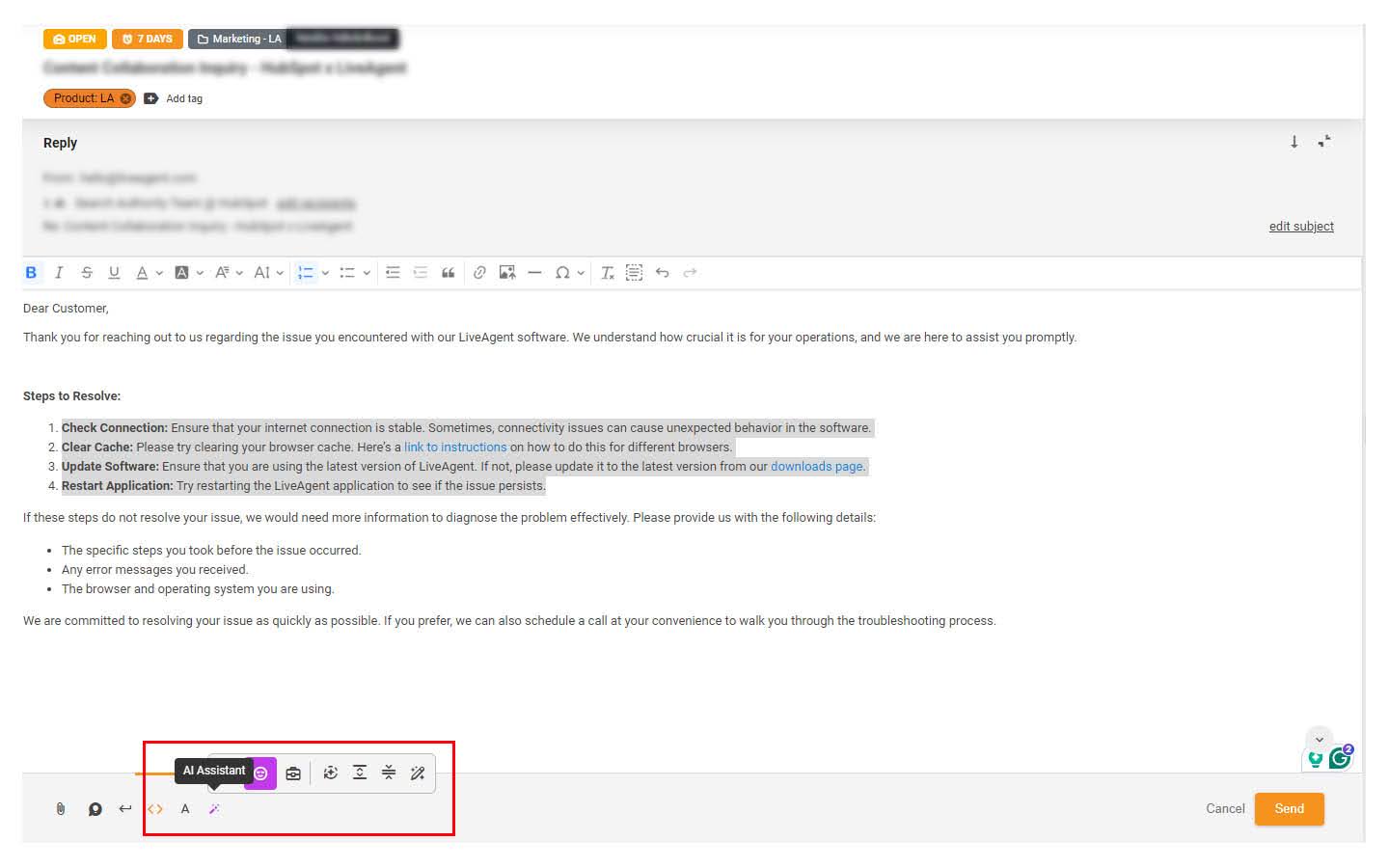 LiveAgent AI asistent koji pomaže odgovoriti na kartu