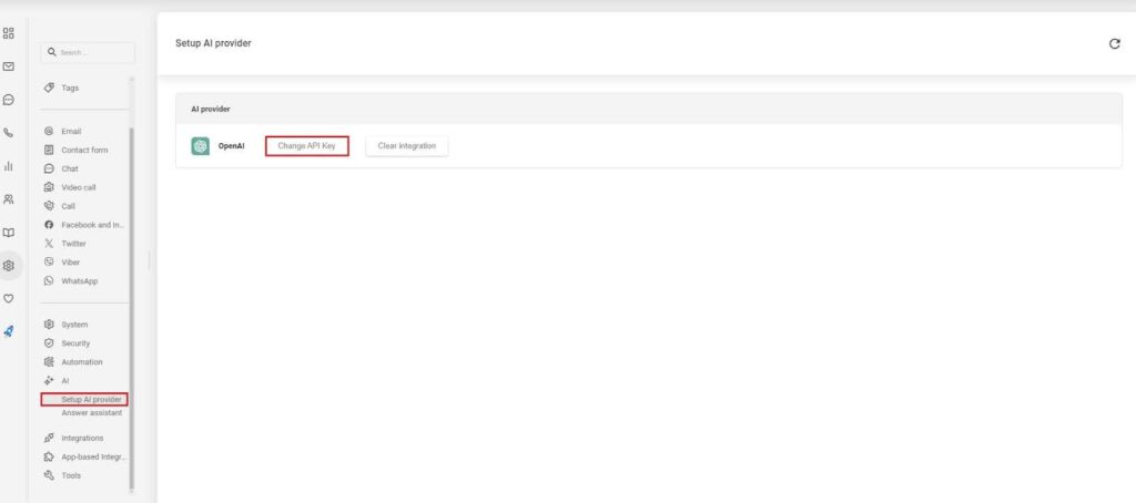 Slika koja prikazuje AI provider postavke u LiveAgent-u.