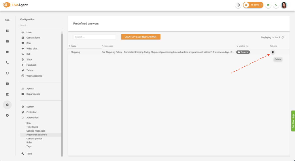 Brisanje unaprijed definiranog odgovora u LiveAgent-u