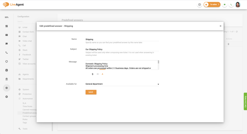 Uređivanje unaprijed definiranih odgovora u LiveAgent-u