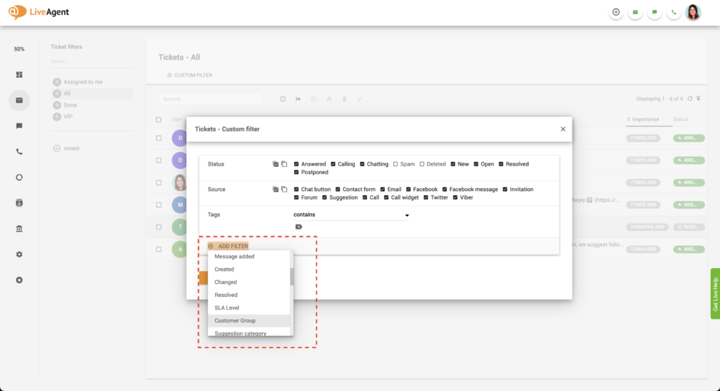 LiveAgent Dodaj filter kupca