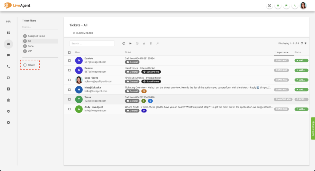 LiveAgent Kreiraj filter