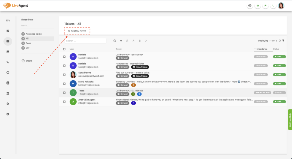LiveAgent Prilagođeni filter