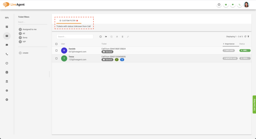 LiveAgent Filtrirane kartice