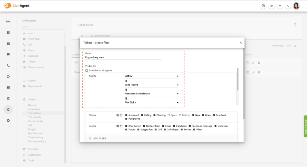 LiveAgent Globalni filter