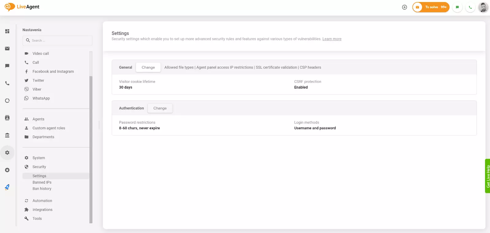 Promjena postavke autentifikacije u LiveAgent-u