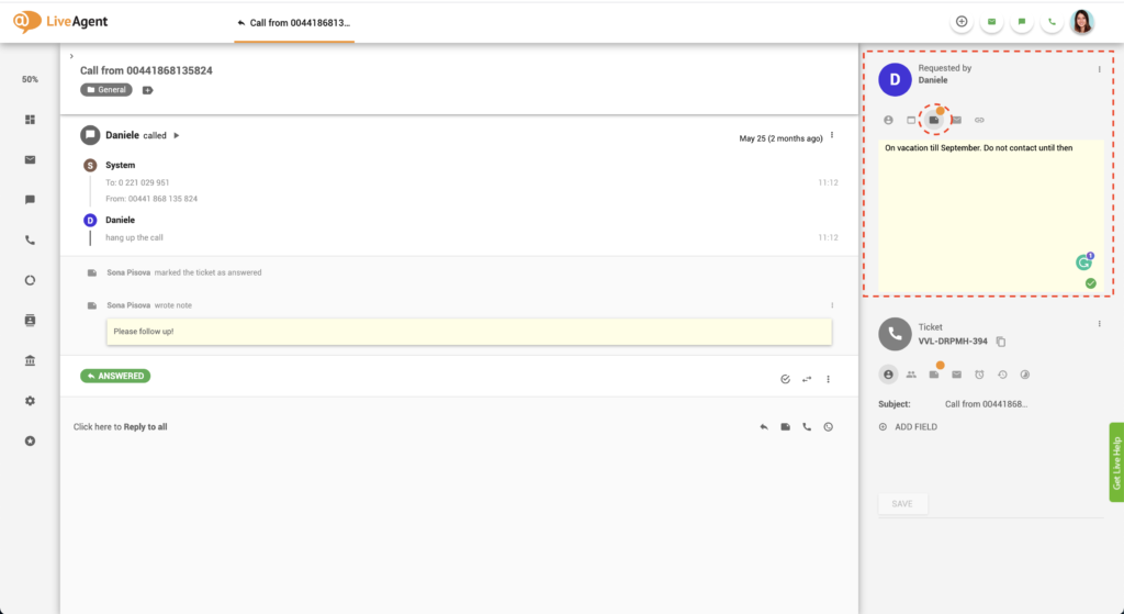 Bilješka kupca Liveagent