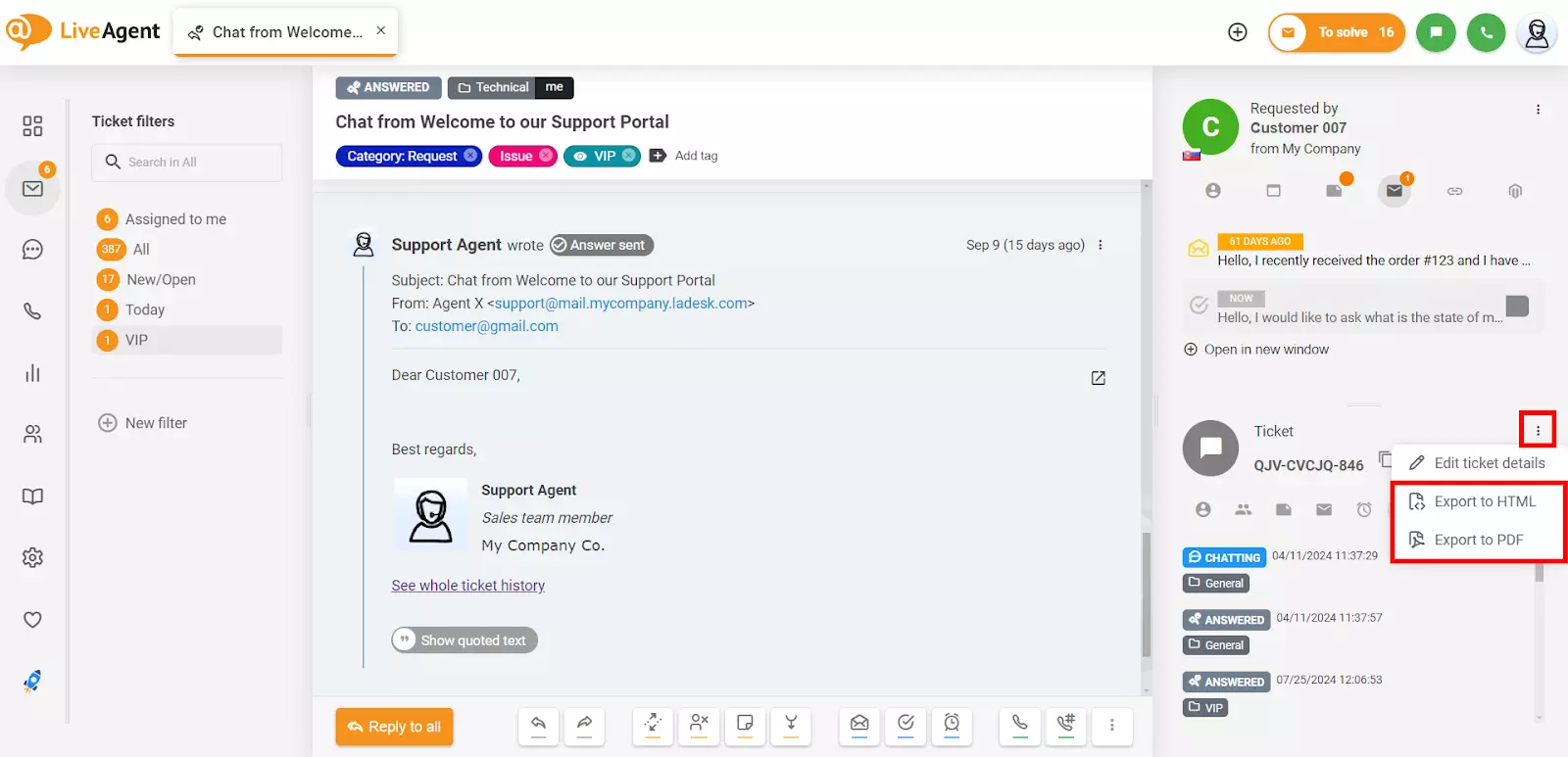 Detalji karte Liveagent-a - izvoz karte