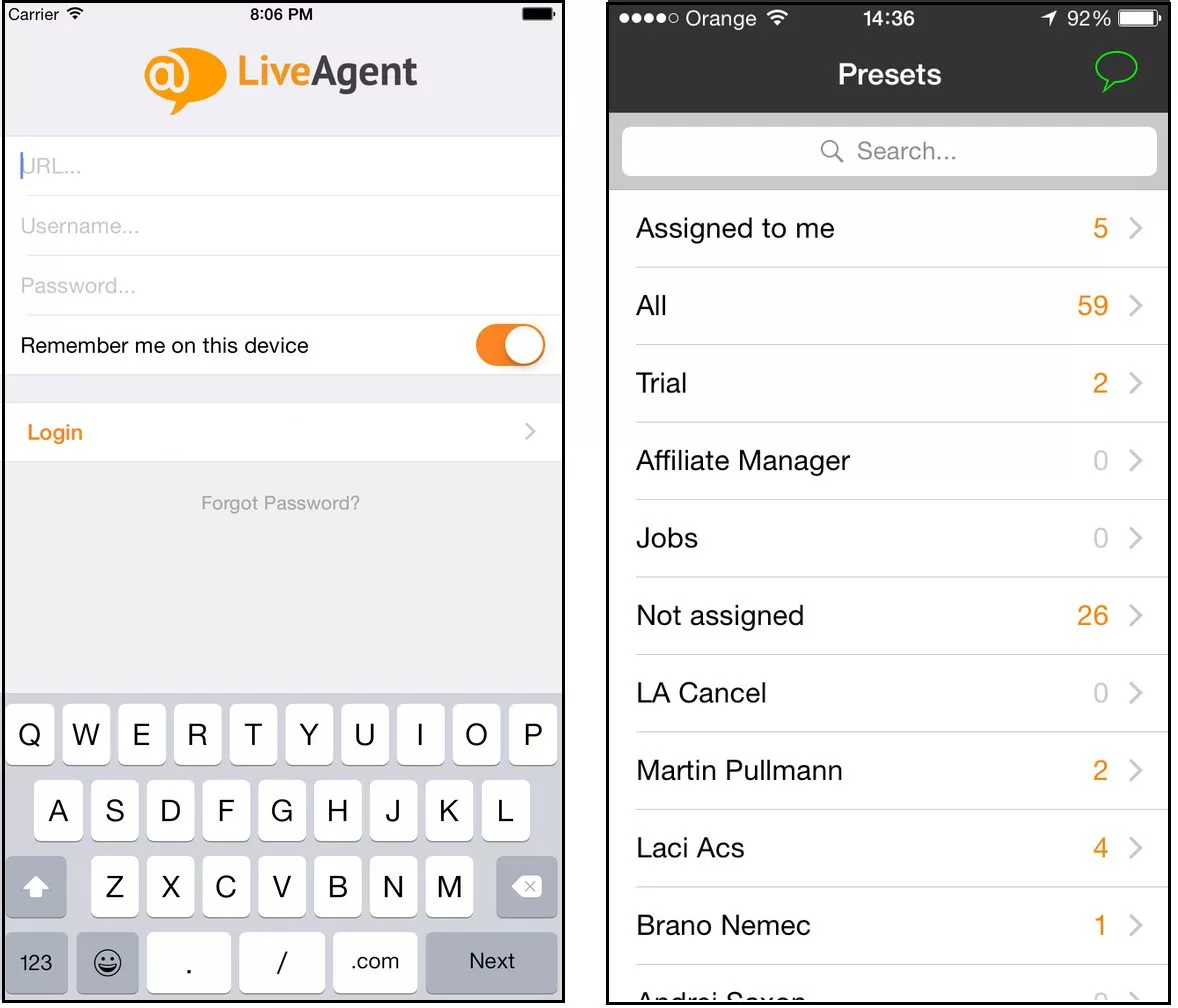 Sučelje LiveAgent iOS aplikacije
