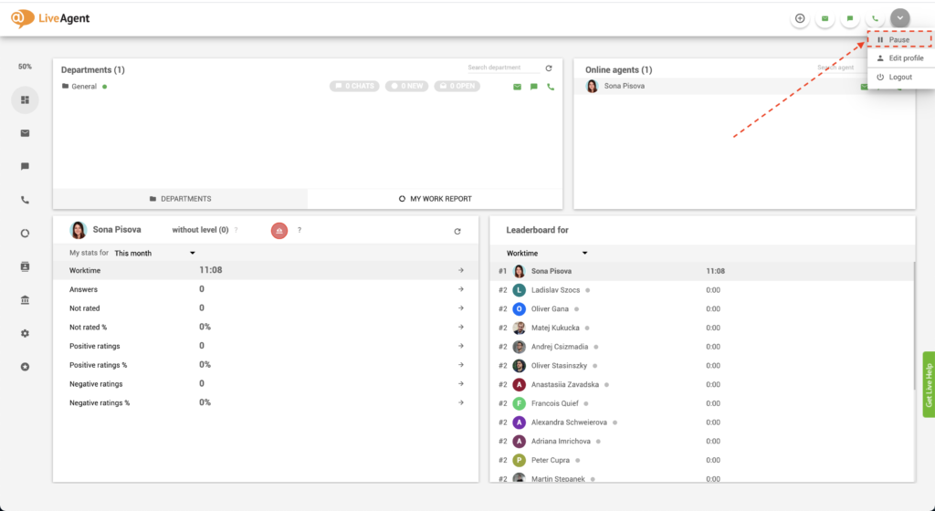 LiveAgent - gumb pauziranja