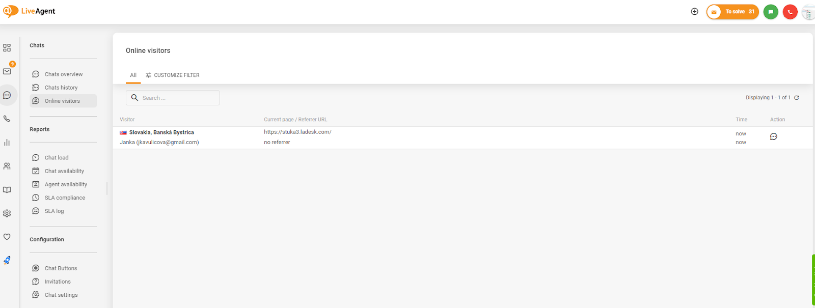 Snimak zaslona praćenja posjetitelja web-mjesta u LiveAgent-u