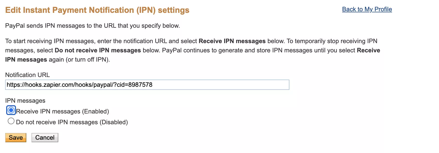 Odjeljak postavki Instant Payment Notification u PayPal-u