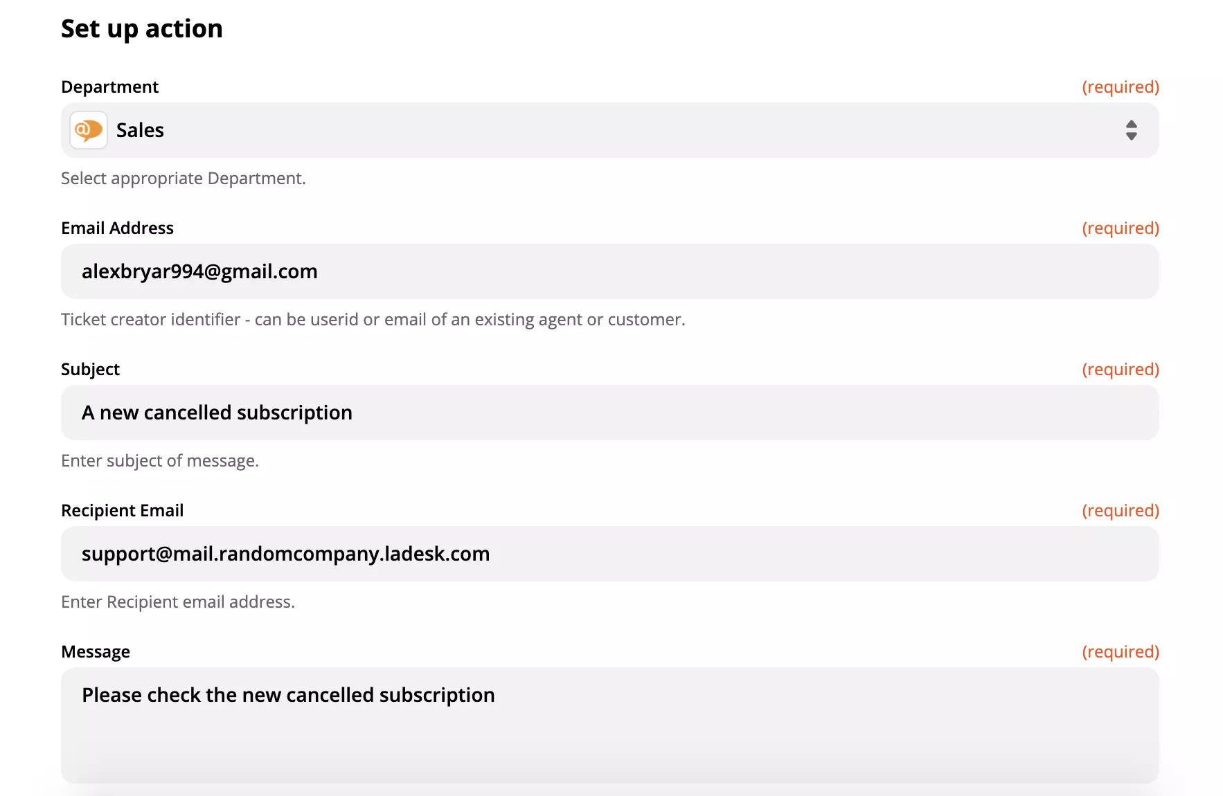 Primjer postavljanja LiveAgent akcije