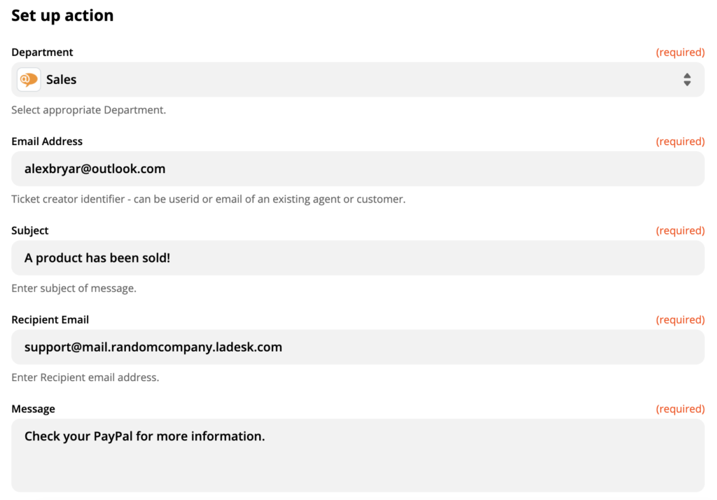 Konfiguracija LiveAgent akcije Stvori novi razgovor